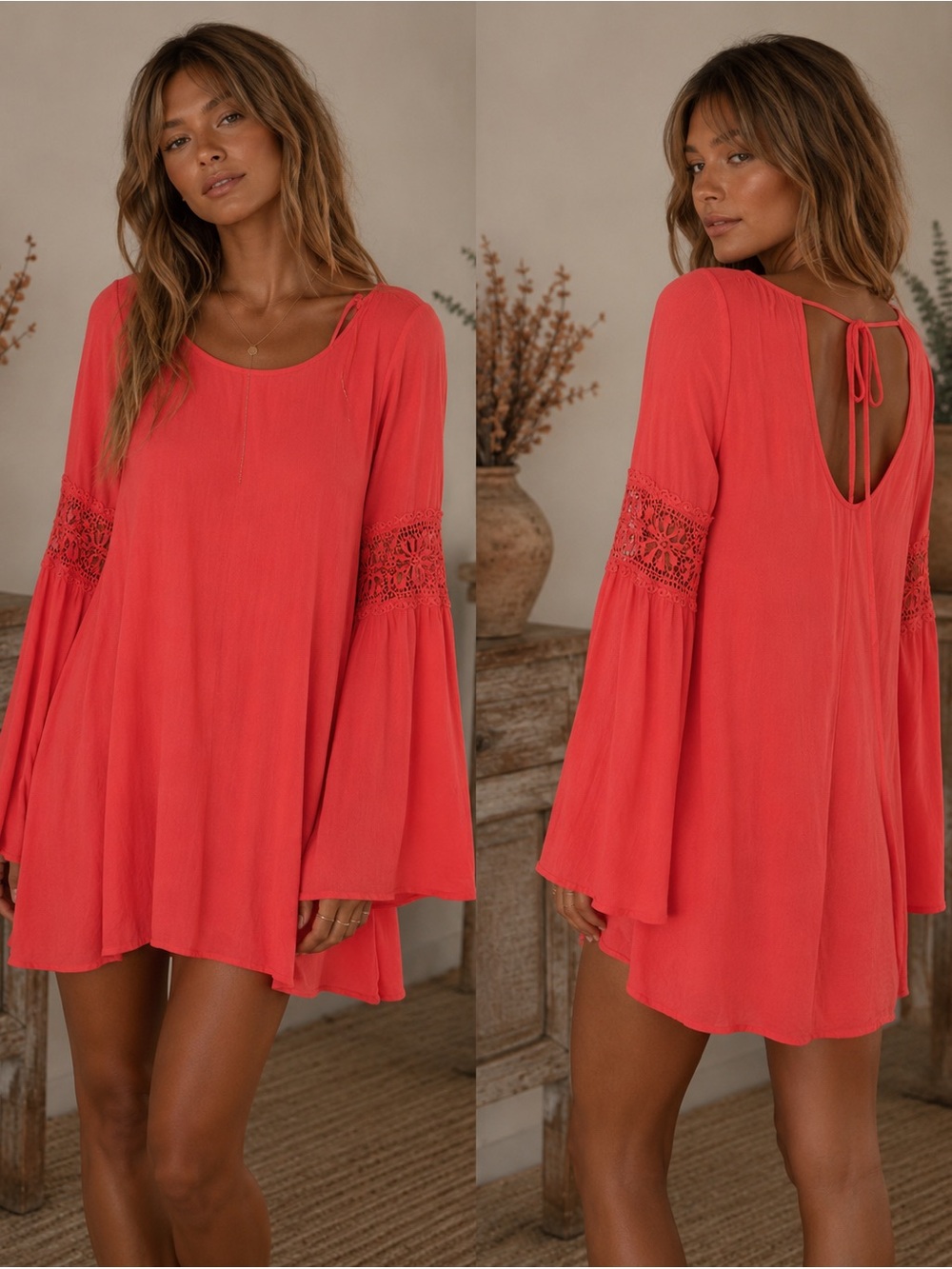 Double Zero Coral Long-Sleeve Tunic Lace cut out detail sleeve
